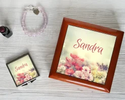 Boite à bijoux et Miroir de sac Fleurs
