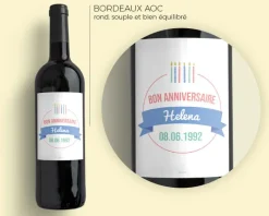 Bouteille de vin de Bordeaux personnalisée anniversaire - Bougies Bleu