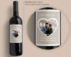 Bouteille de vin de Bordeaux personnalisée photo et message - Coeur Photo