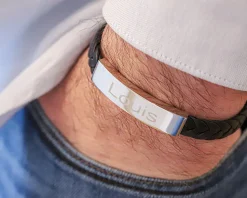 Bracelet gravé Homme en Acier et Cuir Tressé