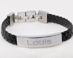 Bracelet gravé Homme en Acier et Cuir Tressé
