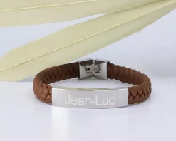 Bracelet gravé Homme en Acier et Cuir Tressé