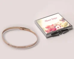 Bracelet Jonc gravé Je t'aime maman Argent rosé et son miroir personnalisable
