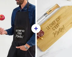 Coffret cuisine - Tablier noir et planche apéro personnalisés