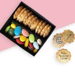 Coffret gourmand biscuits et chocolats Personnalisables - Merci Maîtresse, Maître et ATSEM