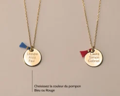 Collier personnalisé plaqué Or 18 carats - Pompon rouge ou bleu