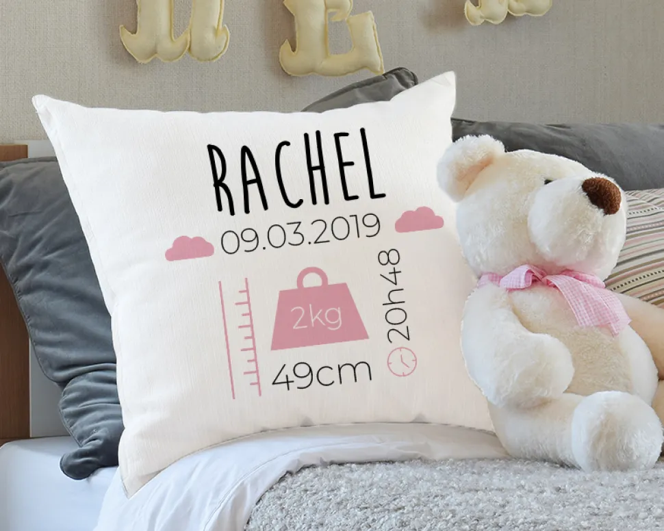 Coussin personnalisé bébé - Naissance Rose