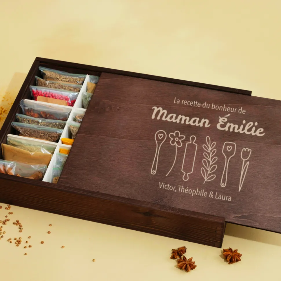Grand coffret d'épices gravé - 36 épices du monde - Recette du Bonheur