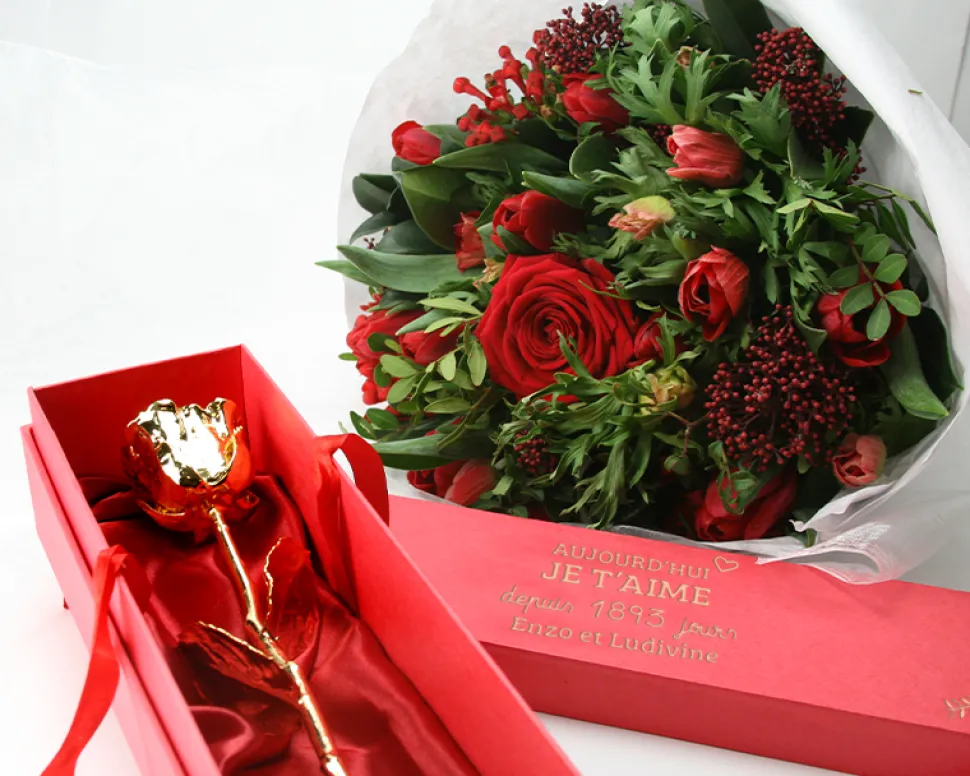 Grande rose en or dans son écrin personnalisable - Aujourd'hui je t'aime depuis