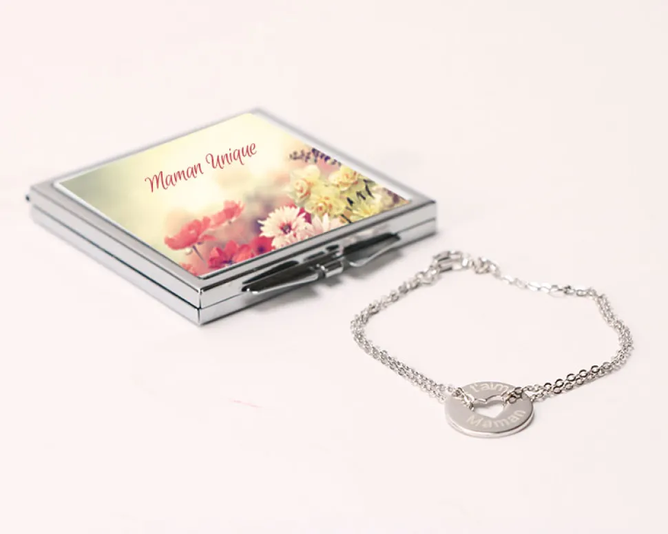 Miroir de sac Personnalisable - avec son bracelet double chaîne coeur