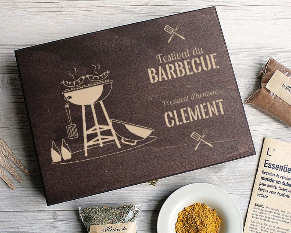 Petit coffret d'épices gravé Festival du barbecue - 9 épices du monde