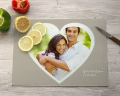 Planche à découper en verre personnalisée - Coeur Photo